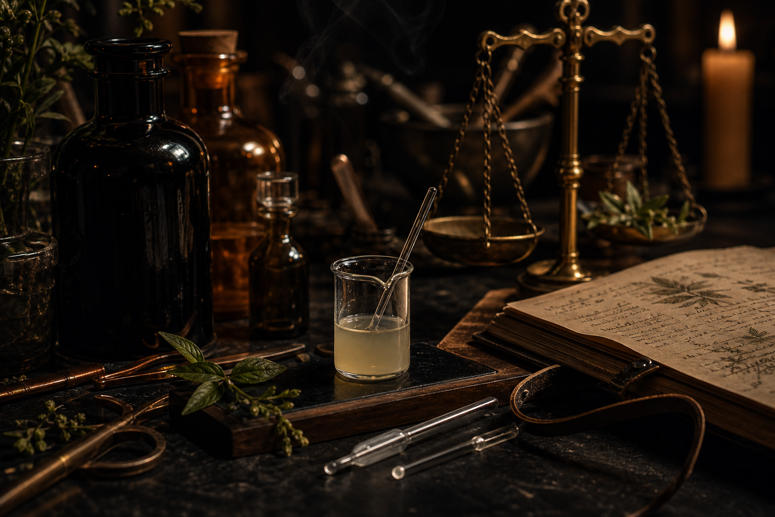 Apothecary worktable with dark glass bottles, brass scales, a beaker, and an open botanical ledger