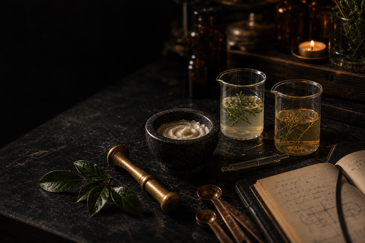 Mortar and pestle with botanical materials and copper measuring spoons on a dark worktable