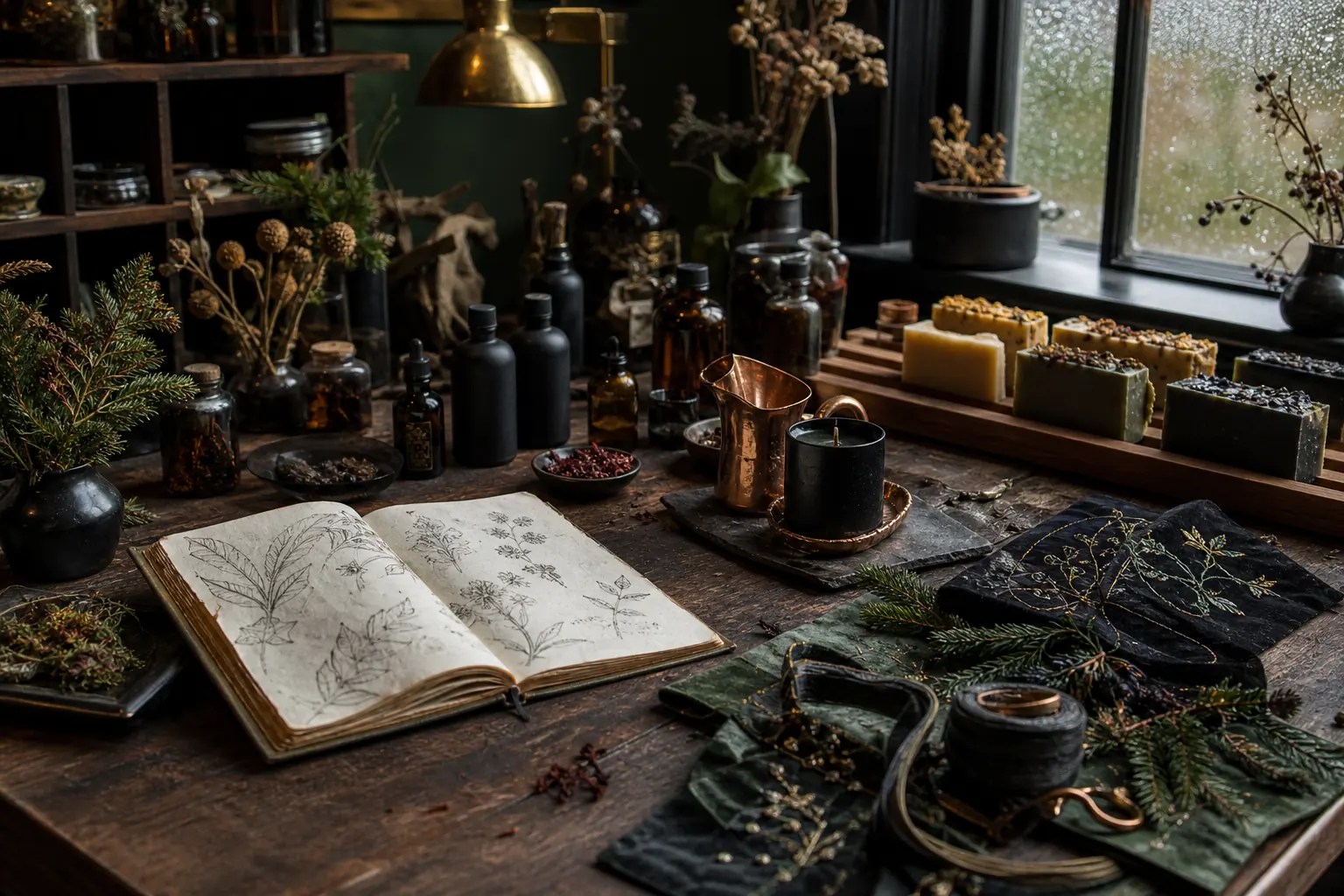 Atmospheric brand imagery of a dark apothecary workbench with glass bottles and copper vessels