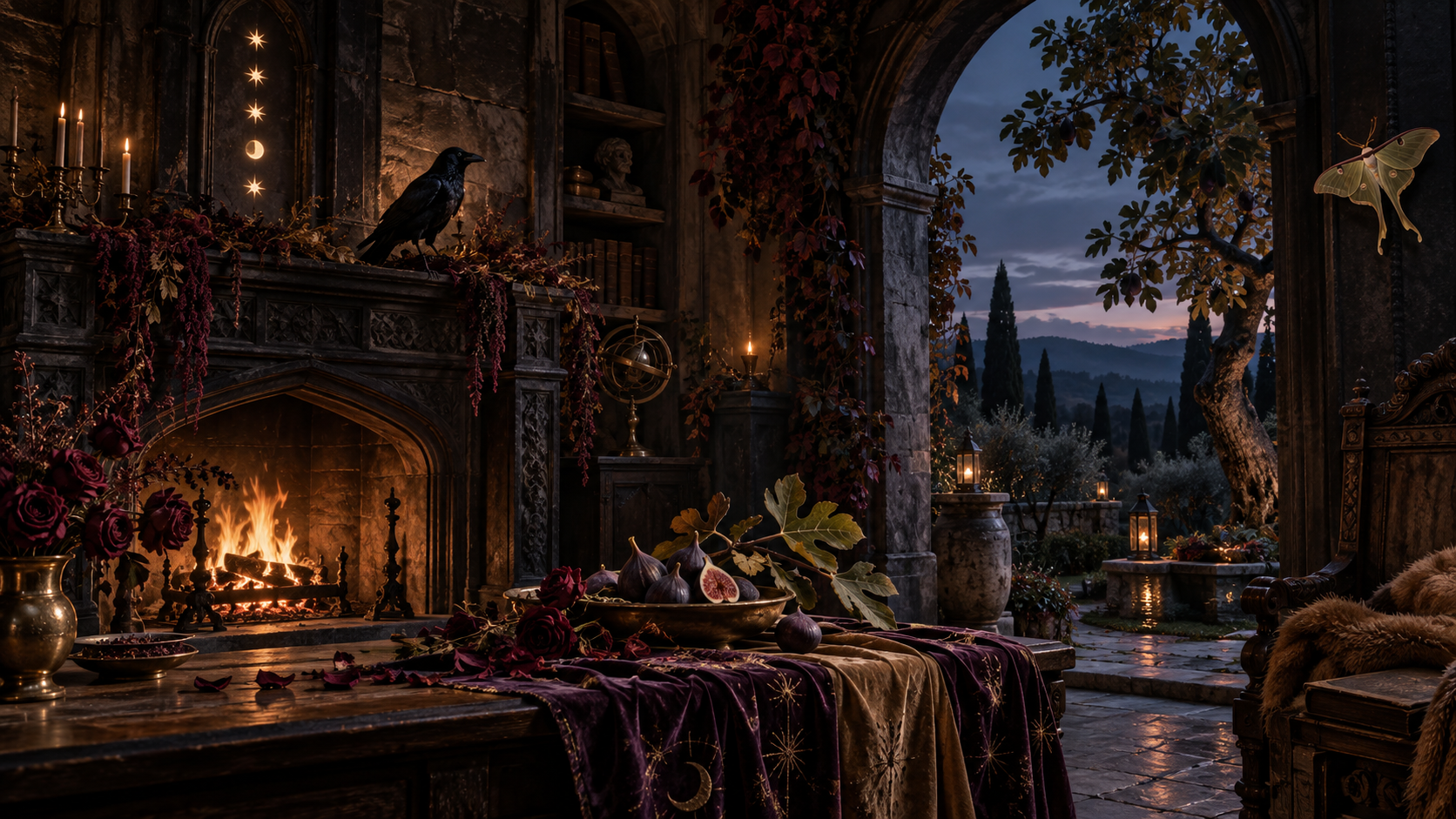 A glowing hearth opens toward a blue-hour fig garden in Coven Edition Autumn