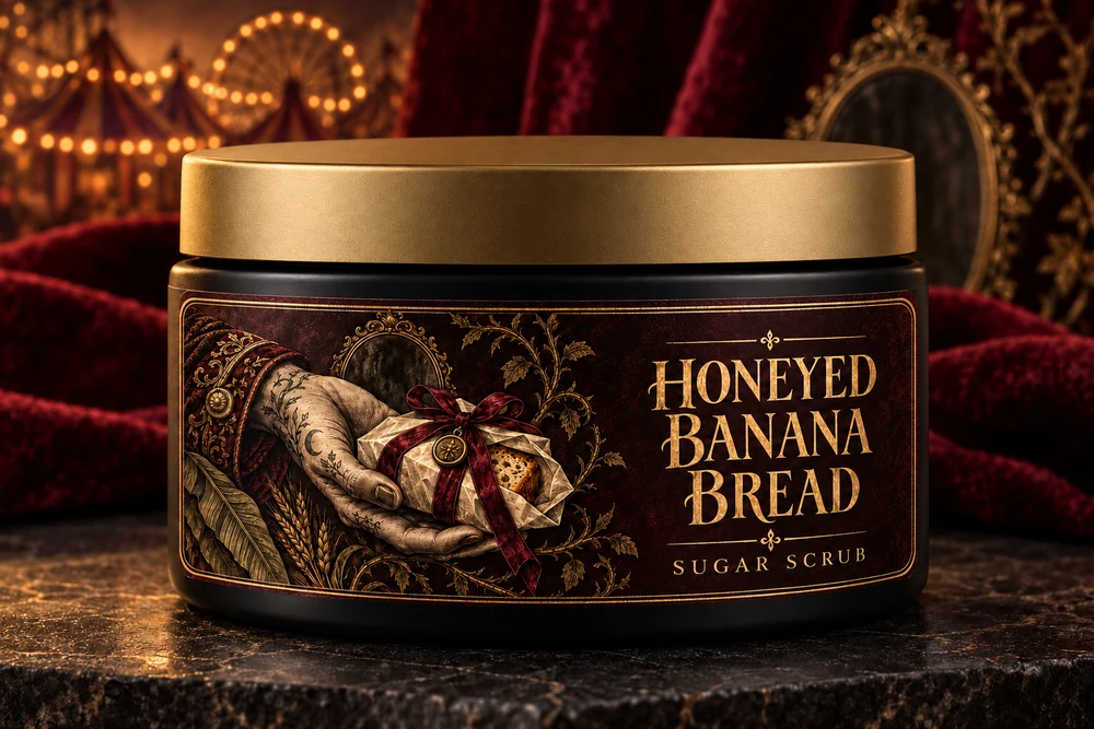 Honeyed Banana Bread scrub packaging visualization in a black jar with a matte gold lid and hand-offered parcel artwork