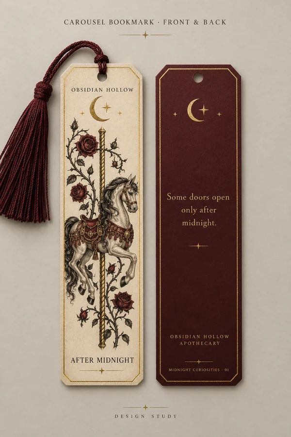 A glimpse of carousel bookmark artwork and a burgundy tassel