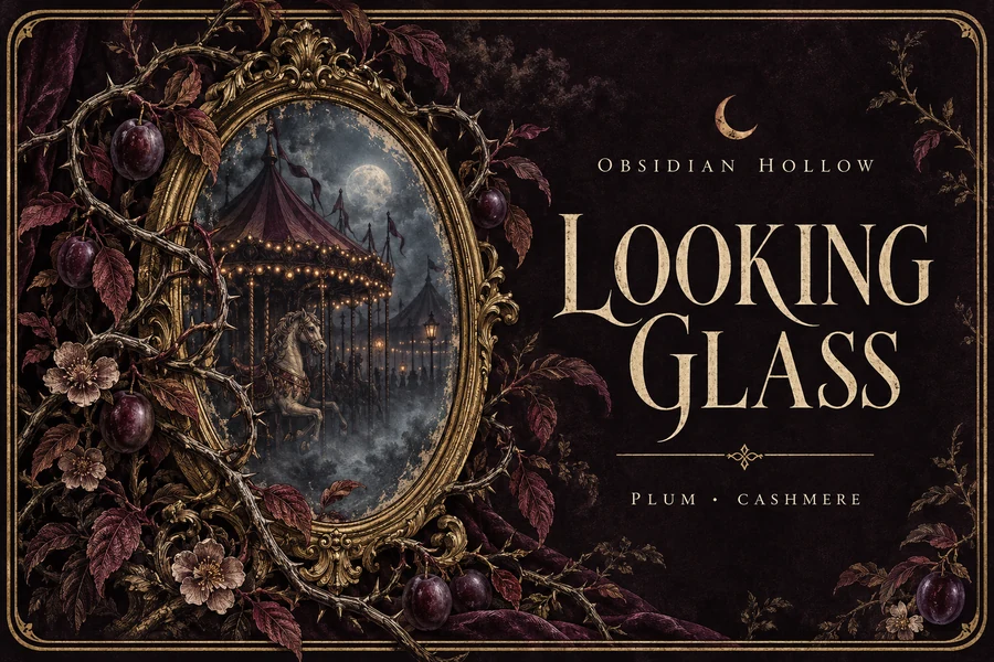 Partial view of Looking Glass mirror, plum branches and distant carnival lights