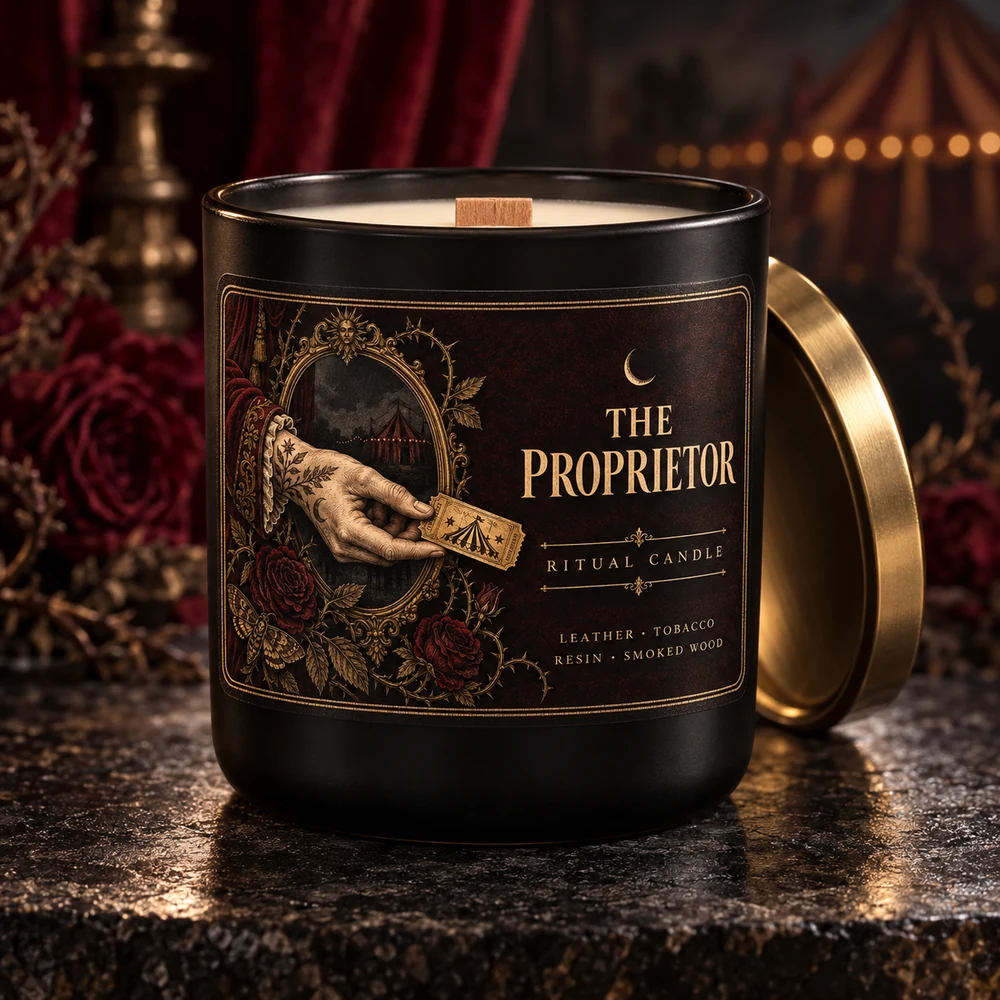 The Proprietor candle packaging visualization with hand-offered ticket artwork