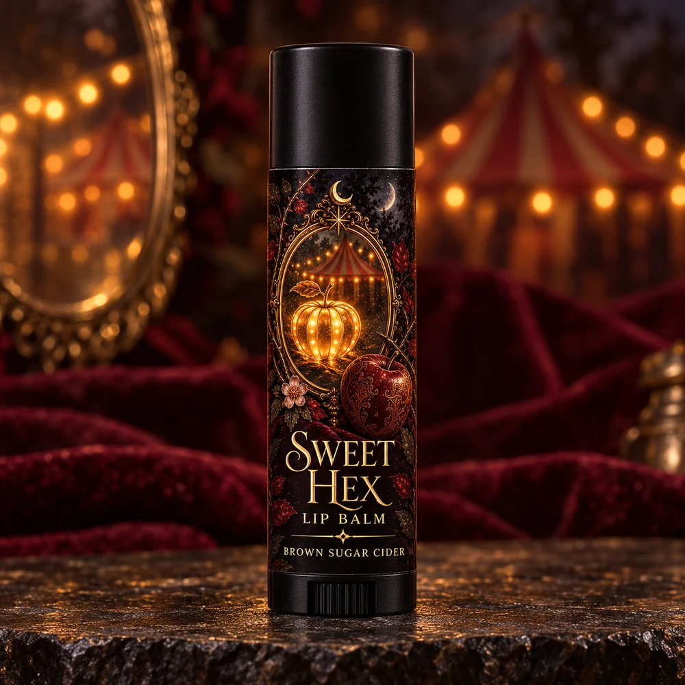 Sweet Hex lip-balm packaging visualization with selected wishing-mirror and apple artwork