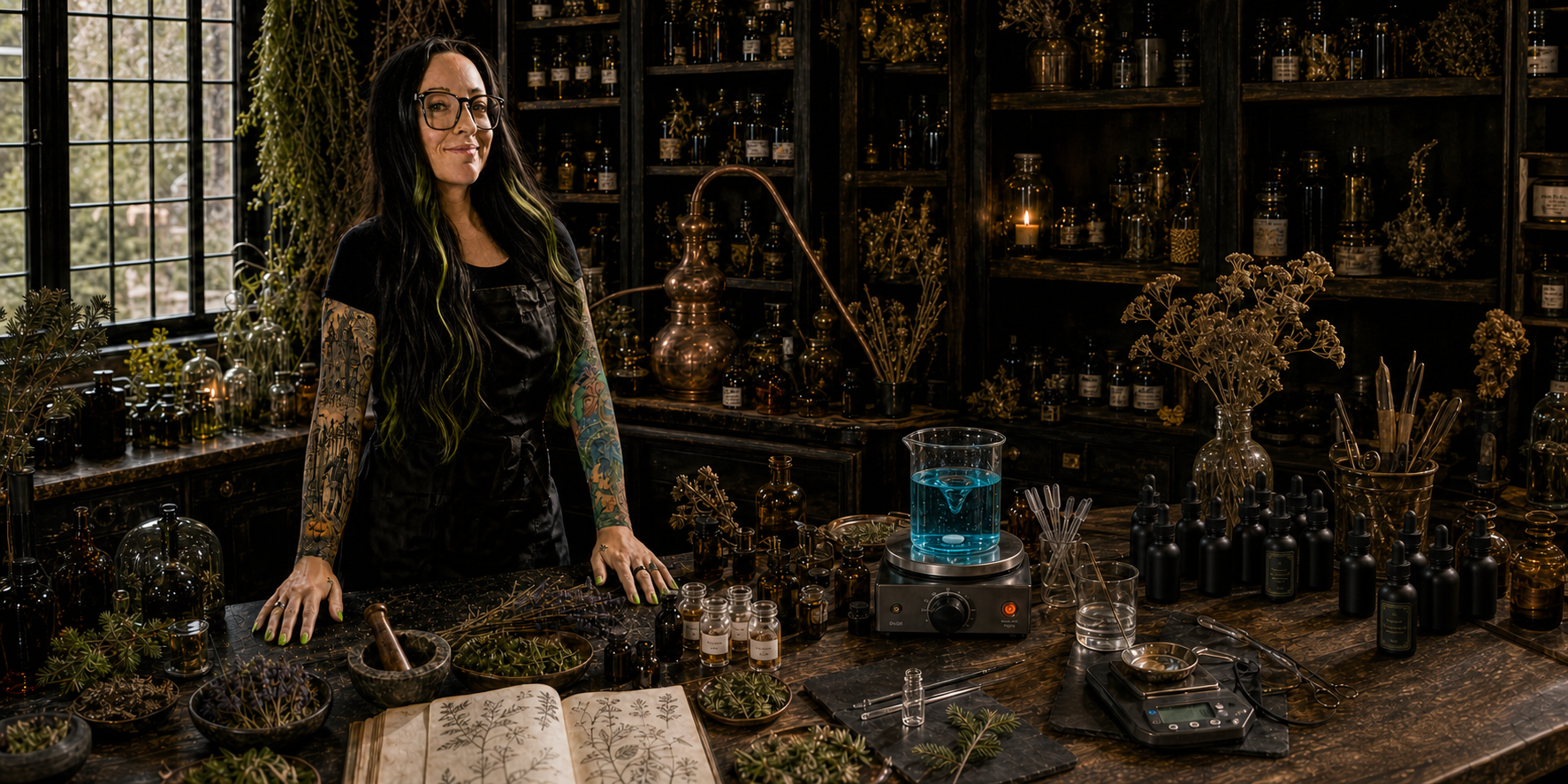 Brittany Chance at her apothecary workbench, surrounded by botanicals, formulation tools, amber bottles, and a vivid blue copper-peptide solution.