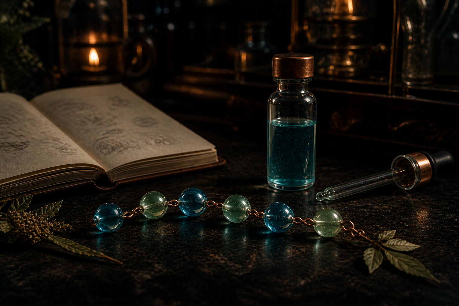 A blue peptide serum vial and dropper at a dark apothecary worktable