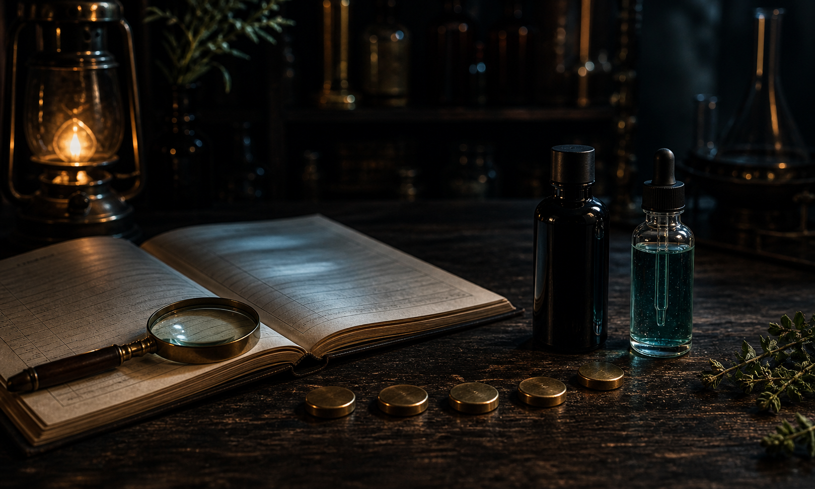 An open ingredient ledger, magnifying glass, two cosmetic bottles, and five brass markers arranged neatly on a dark workbench.
